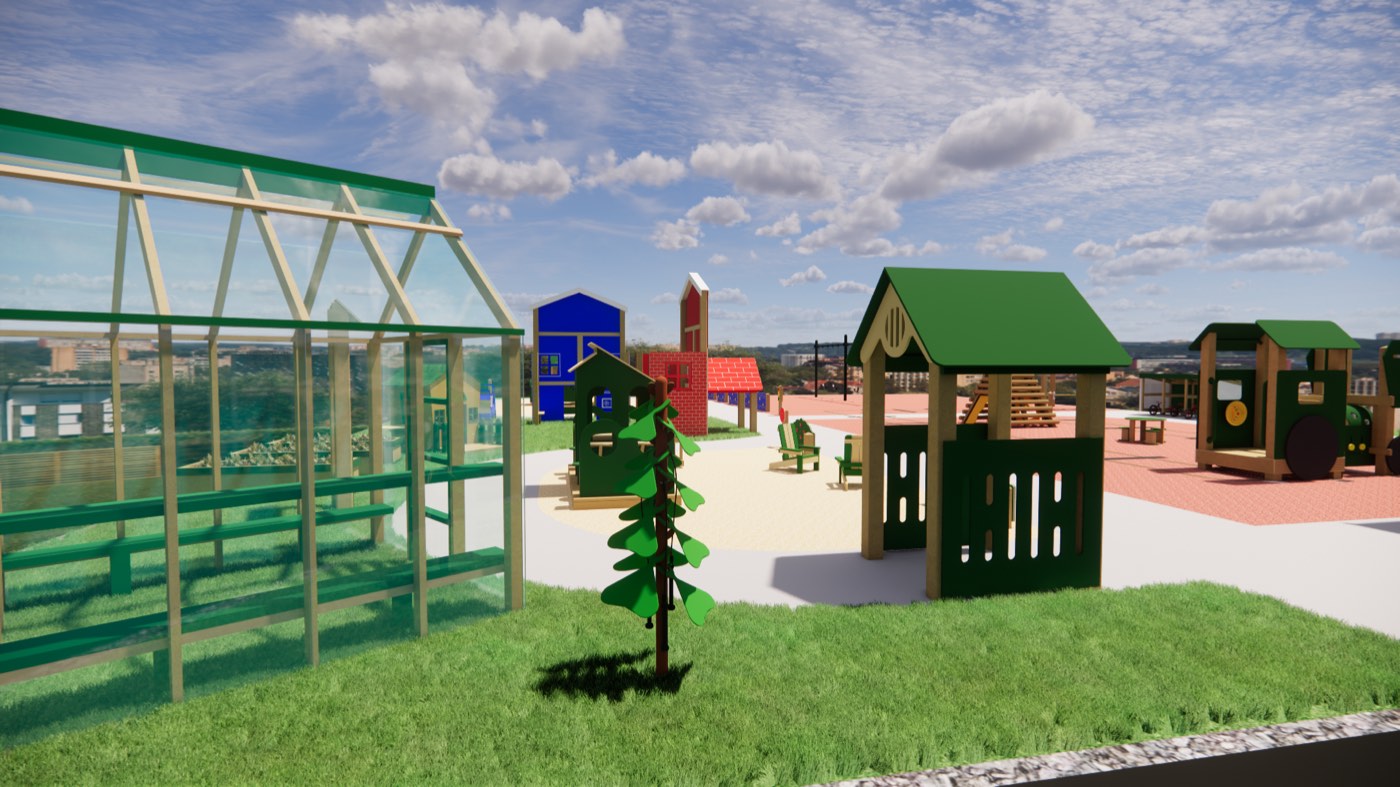 Design render of a themed Village Play town — a concept drawing, not a built installation
